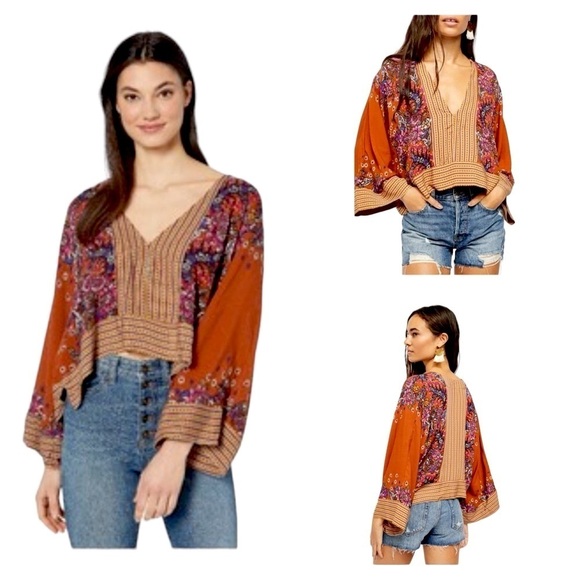 FREE PEOPLE Women's Purple Multi Stripe/Floral Mix-n-Match Bell Sleeve Top sz XS - Picture 1 of 7